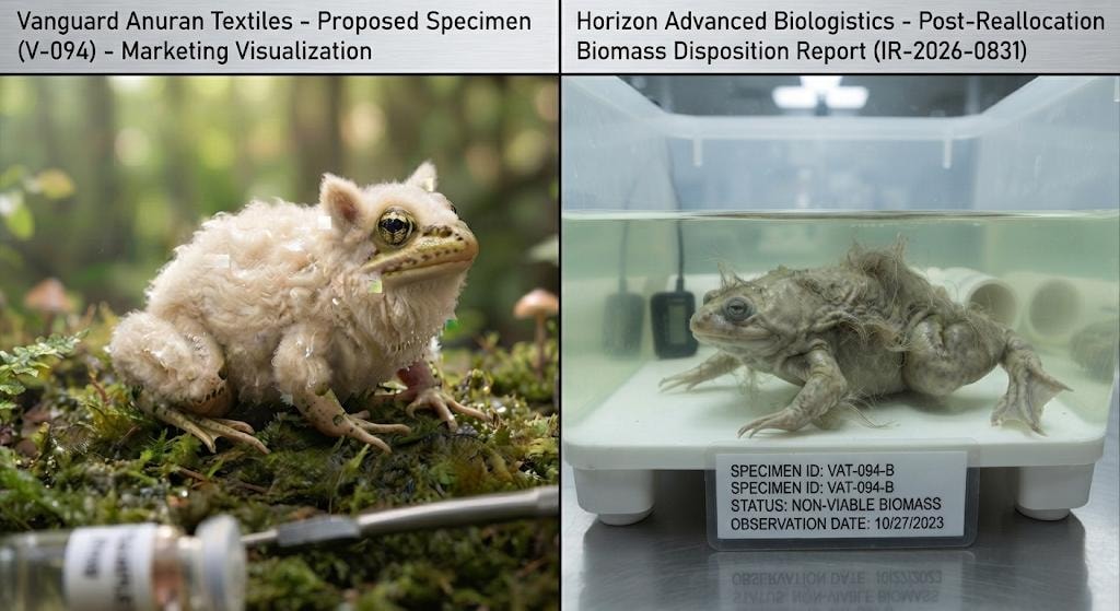 Left panel: Vanguard Anuran Textiles proposed specimen V-094 marketing visualization. Right panel: HAB post-reallocation biomass disposition report for specimen VAT-094-B, status non-viable biomass.
